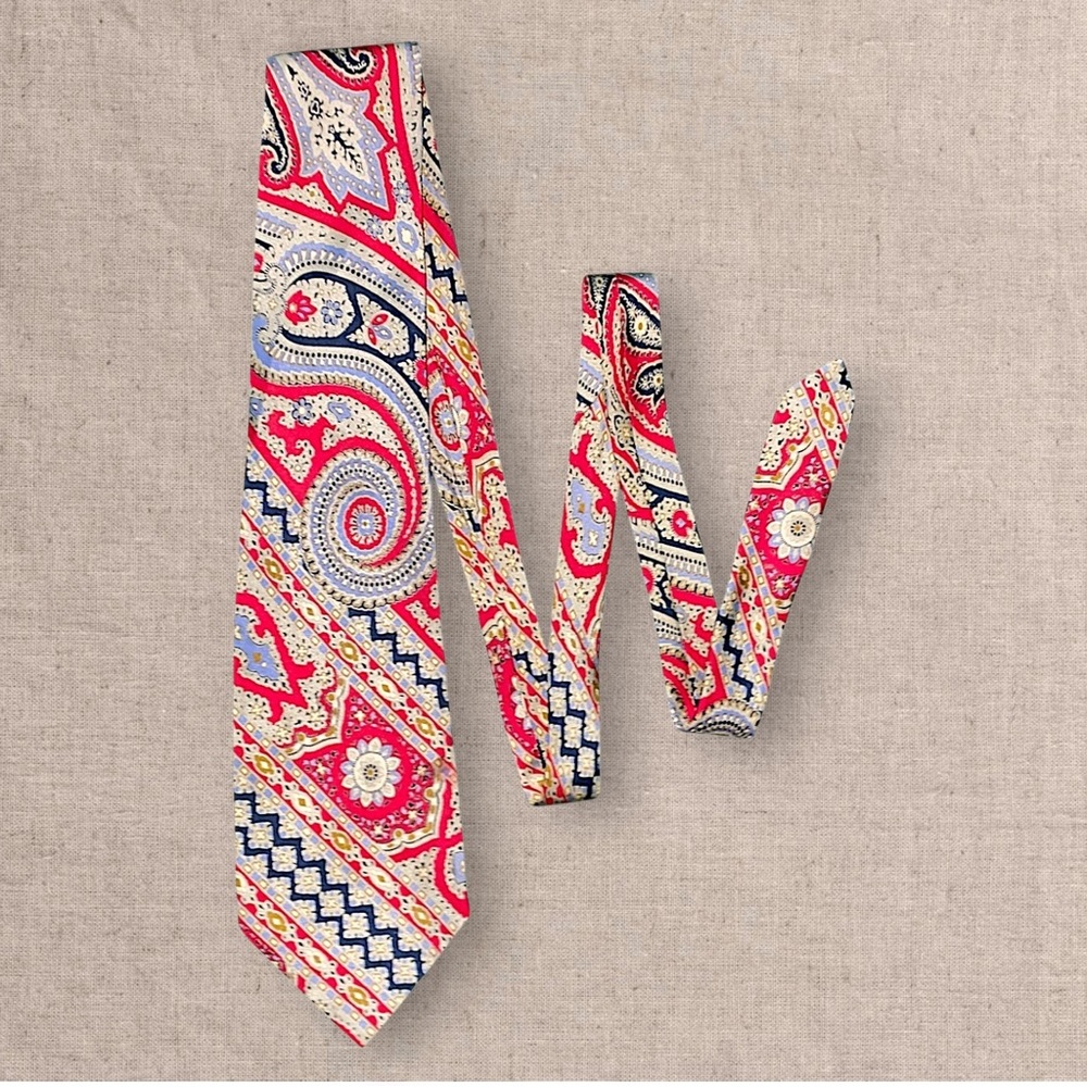 Jacques Fath Silk Paisley Tie Mens Red Blue Classic Pattern Designer